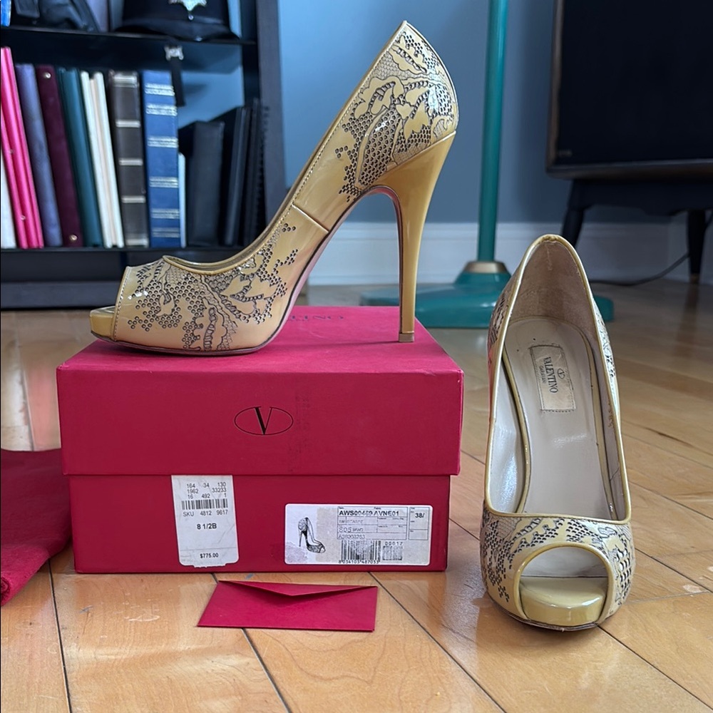 Valentino Camel Stiletto Peep Toes with Floral Design